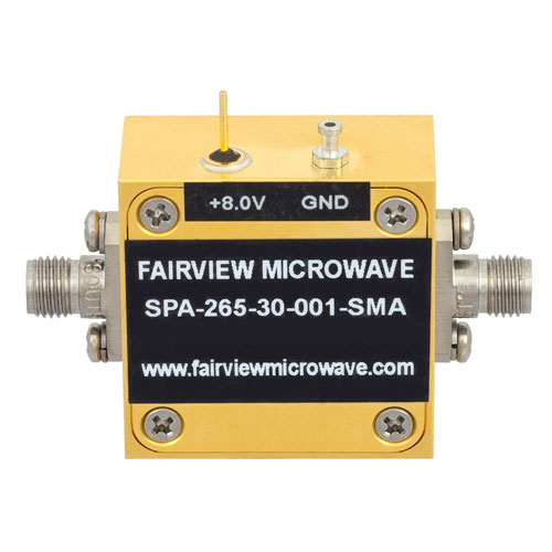 12.4 GHz to 26.5 GHz, Medium Power Broadband Amplifier with 24.5 dBm, 35 dB Gain and SMA Fairview Microwave SPA-265-30-001-SMA