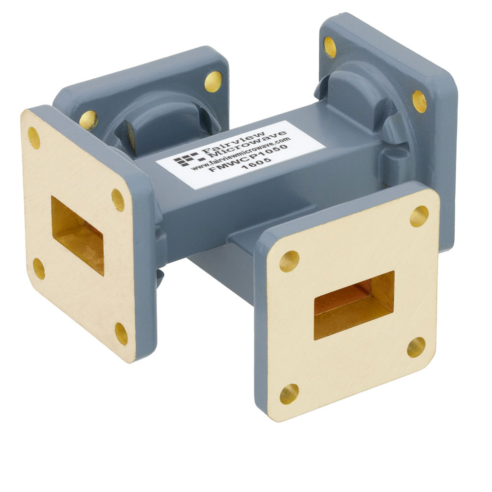 50 dB WR-62 Waveguide Crossguide Coupler with UG-419/U Square Cover Flange from 12.4 GHz to 18 GHz in Copper Alloy