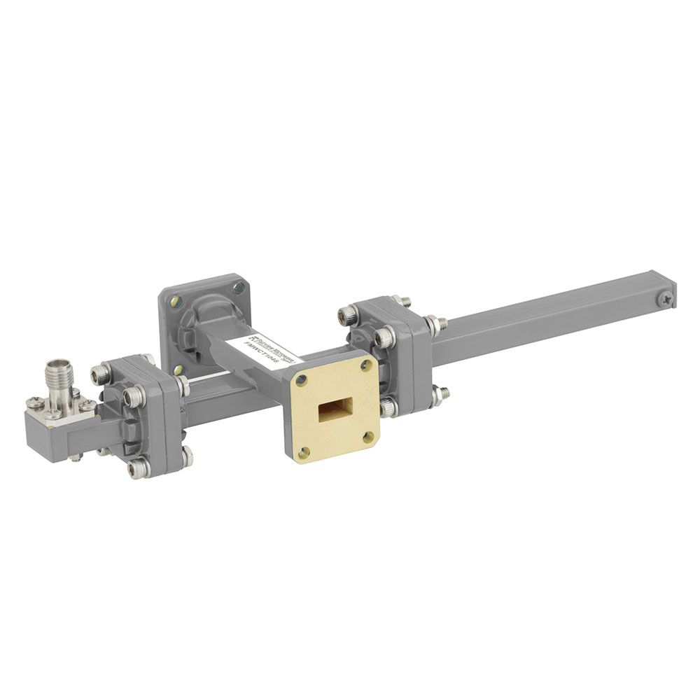 40 dB WR-34 Waveguide Crossguide Coupler with UG-1530/U Square Cover Flange and 2.92mm Female Coupled Port from 22 GHz to 33 GHz in Bronze