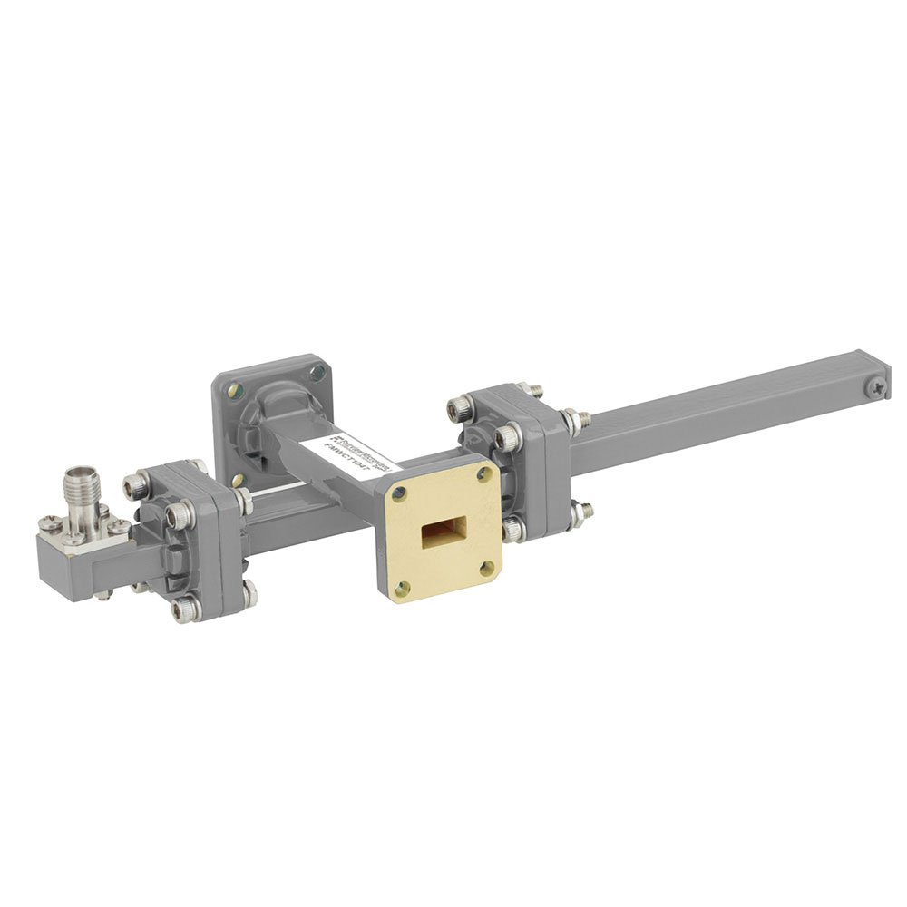 50 dB WR-34 Waveguide Crossguide Coupler with UG-1530/U Square Cover Flange and 2.92mm Female Coupled Port from 22 GHz to 33 GHz in Bronze