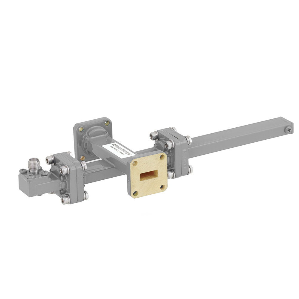 50 dB WR-42 Waveguide Crossguide Coupler with UG-595/U Square Cover Flange and SMA Female Coupled Port from 18 GHz to 26.5 GHz in Bronze