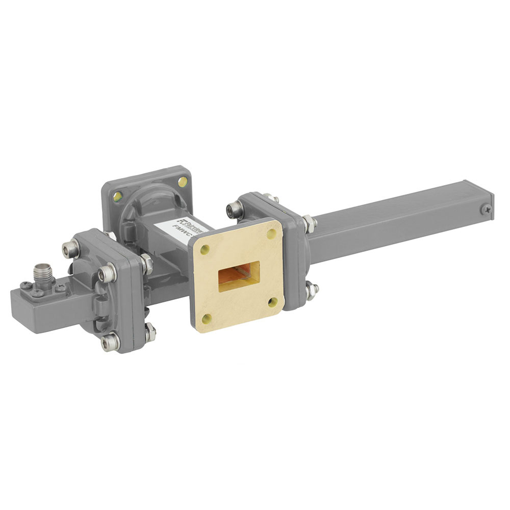 50 dB WR-62 Waveguide Crossguide Coupler with UG-419/U Square Cover Flange and SMA Female Coupled Port from 12.4 GHz to 18 GHz in Bronze