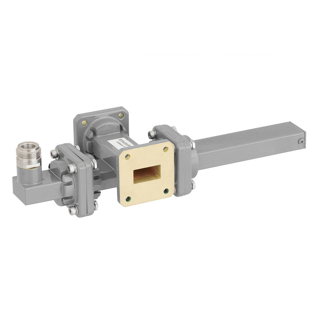 20 dB WR-75 Waveguide Crossguide Coupler with Square Cover Flange and N Female Coupled Port from 10 GHz to 15 GHz in Bronze