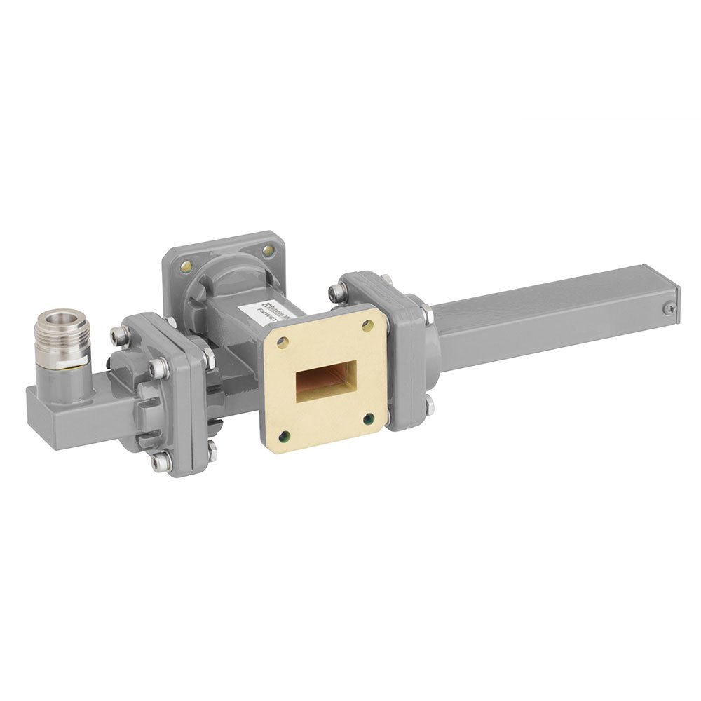 30 dB WR-75 Waveguide Crossguide Coupler with Square Cover Flange and N Female Coupled Port from 10 GHz to 15 GHz in Bronze