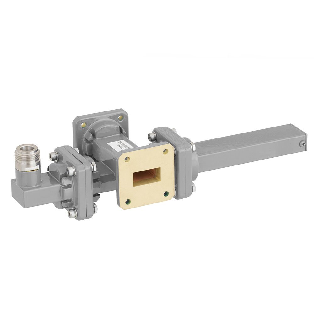 40 dB WR-75 Waveguide Crossguide Coupler with Square Cover Flange and N Female Coupled Port from 10 GHz to 15 GHz in Bronze