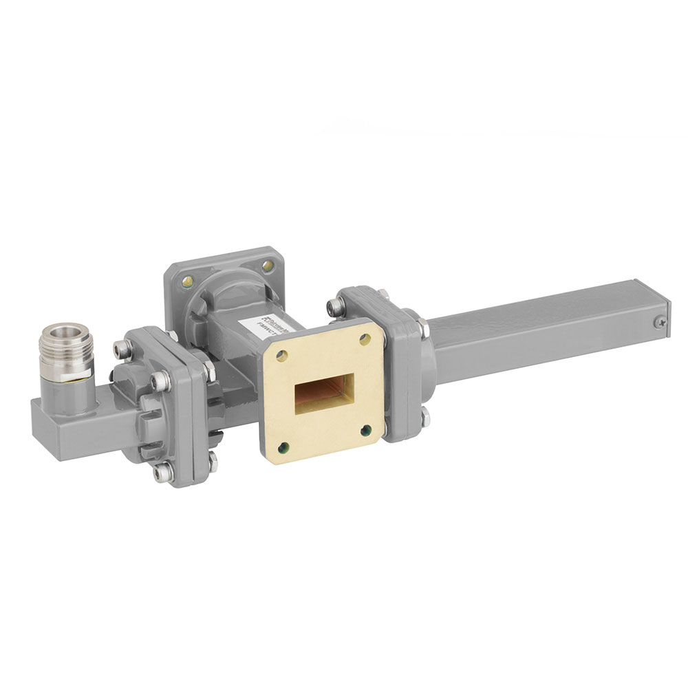 50 dB WR-75 Waveguide Crossguide Coupler with Square Cover Flange and N Female Coupled Port from 10 GHz to 15 GHz in Bronze