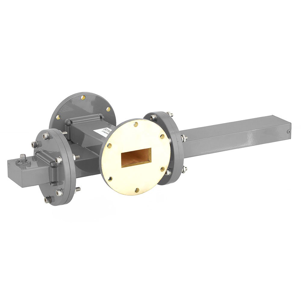 50 dB WR-137 Waveguide Crossguide Coupler with UG-344/U Round Cover Flange and SMA Female Coupled Port from 5.85 GHz to 8.2 GHz in Bronze